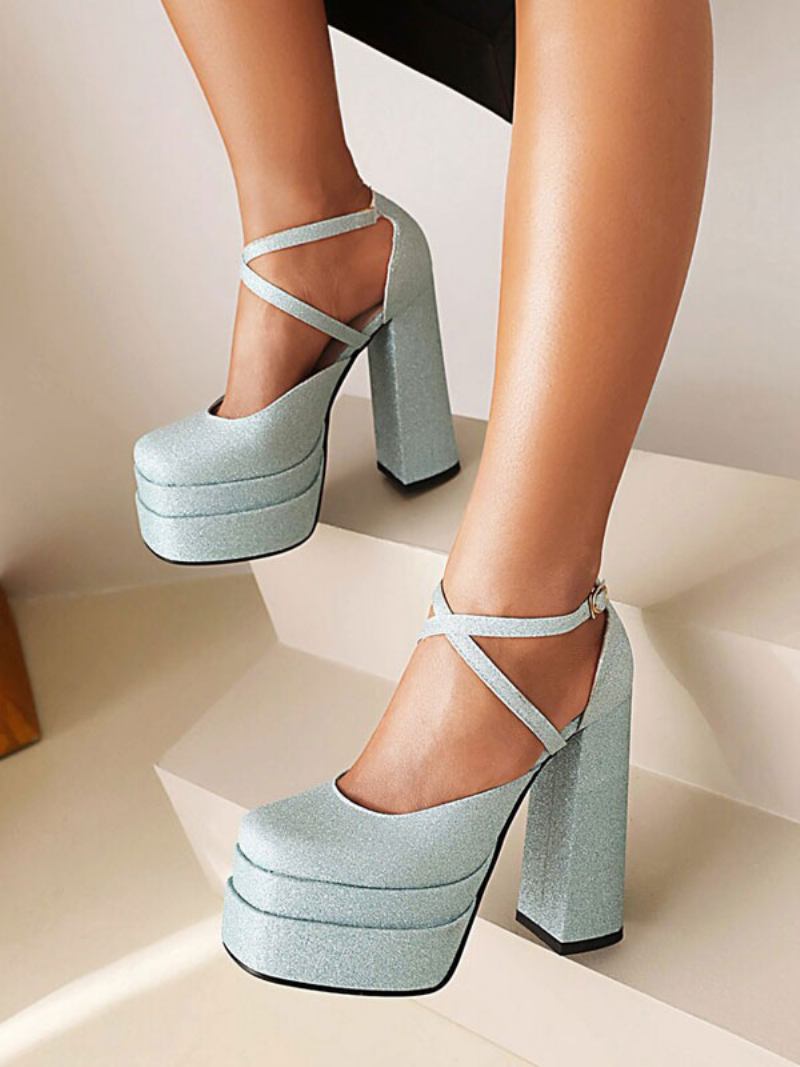 Bombas Femininas Salto Grosso Com Plataforma Tiras E Glitter -  Azul Céu Claro 