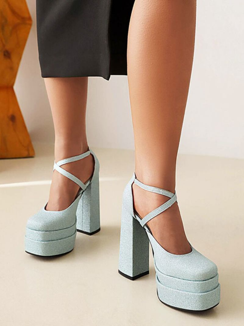 Bombas Femininas Salto Grosso Com Plataforma Tiras E Glitter -  Azul Céu Claro 
