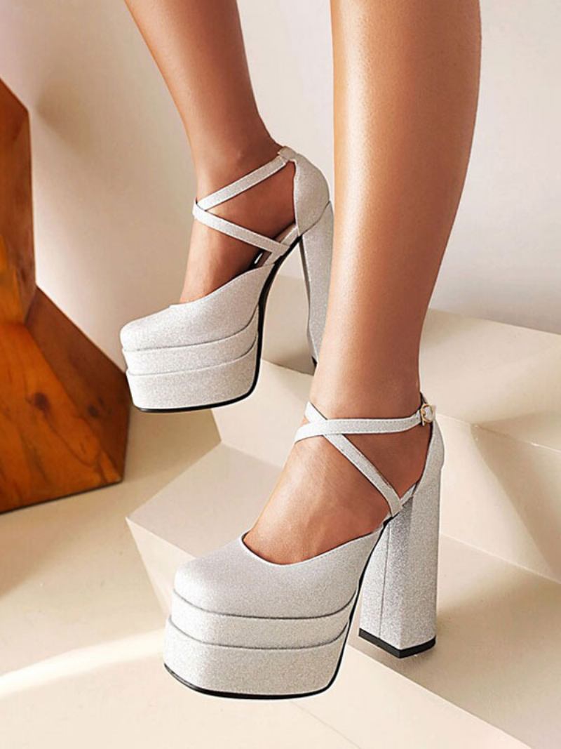 Bombas Femininas Salto Grosso Com Plataforma Tiras E Glitter -  Prata