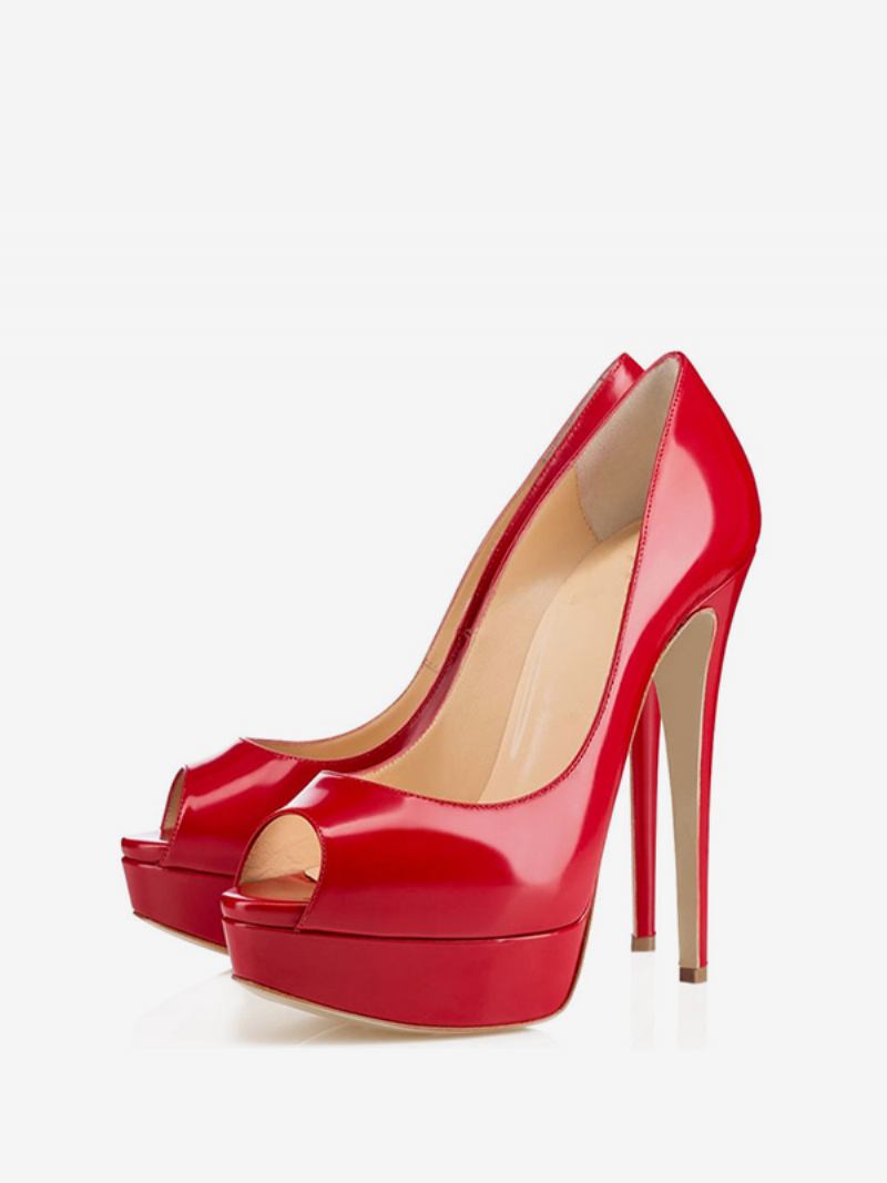 Mulheres Plataforma Peep Toe Saltos Couro Envernizado Salto Agulha Sexy Bombas Festa