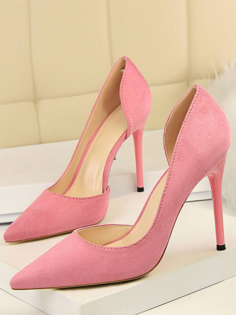 Preto Salto Alto Camurça Apontou Toe Agulha Bombas Sapatos Femininos - Rosa