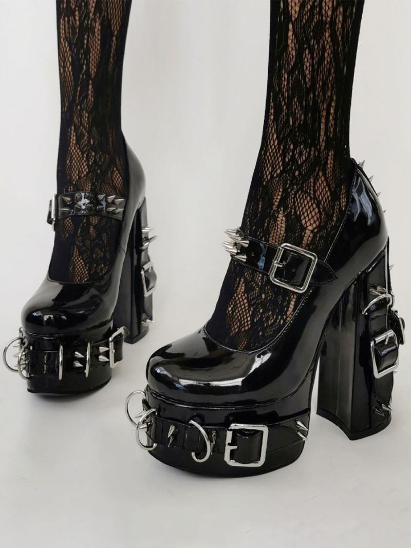 Salto Alto Estilo Punk Feminino Preto Bukle Detalhe Rebites - Preto