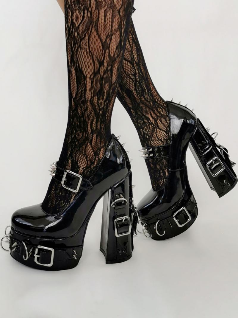 Salto Alto Estilo Punk Feminino Preto Bukle Detalhe Rebites - Preto