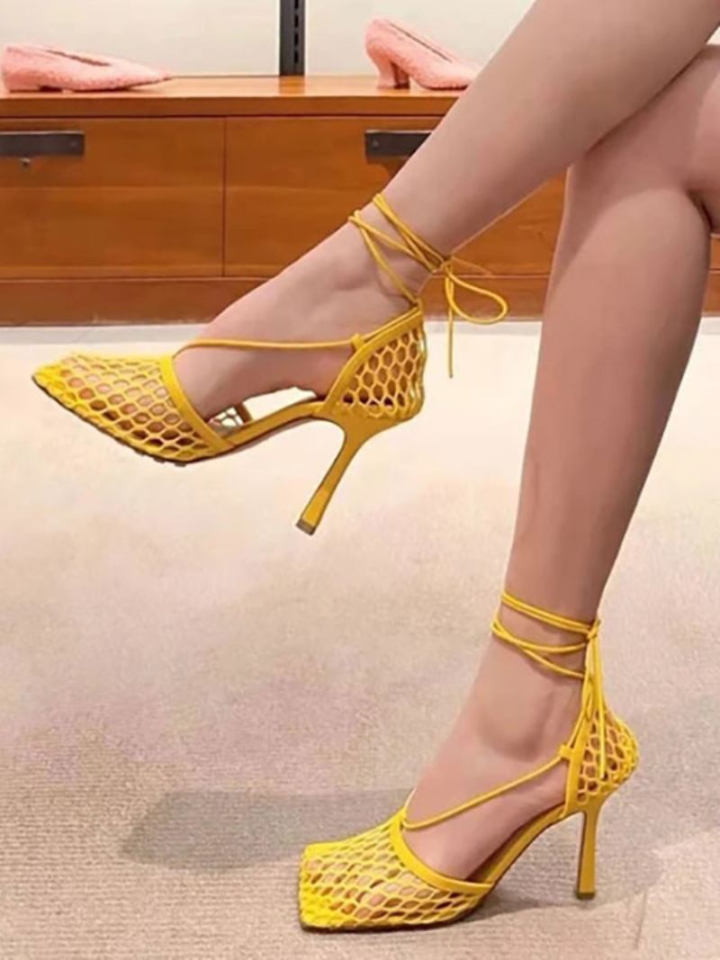 Sandálias Femininas Salto Agulha Com Cadarço Em Malha Verde E Bico Quadrado - Amarelo
