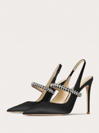 Sapatos Femininos Baile Cetim Com Strass Preto Bico Fino Salto Agulha Bombas Estilingue
