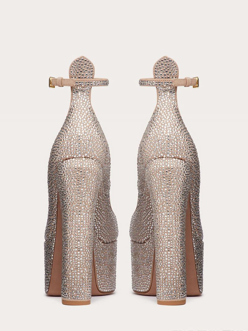 Sapatos Femininos Salto Alto Plataforma Strass Grosso Tira No Tornozelo Festa - Champanhe
