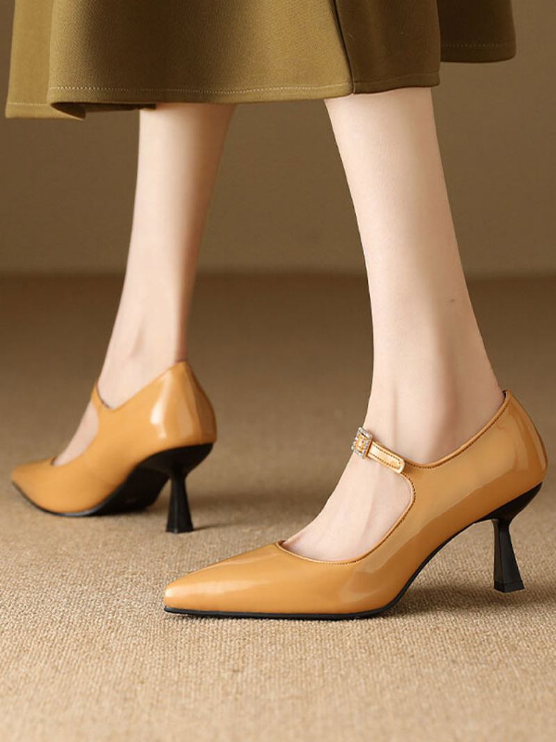 Sapatos Femininos Vintage Couro Envernizado Cor Vinho Bico Fino - Amarelo Claro
