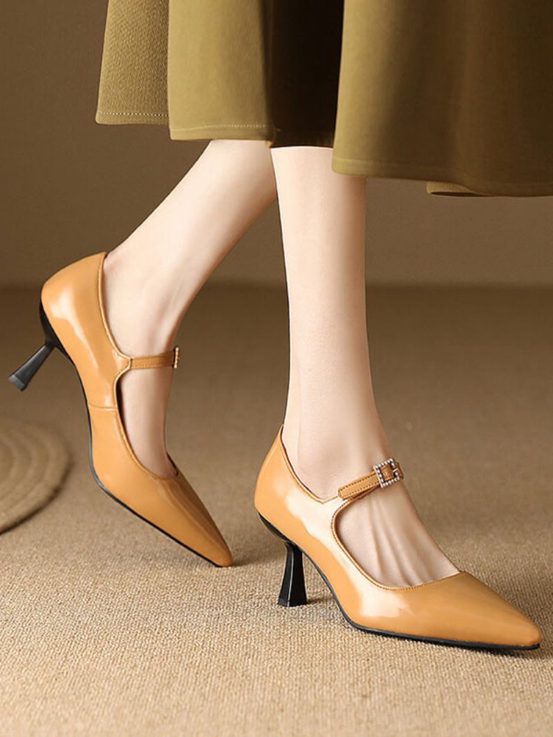 Sapatos Femininos Vintage Couro Envernizado Cor Vinho Bico Fino - Amarelo Claro