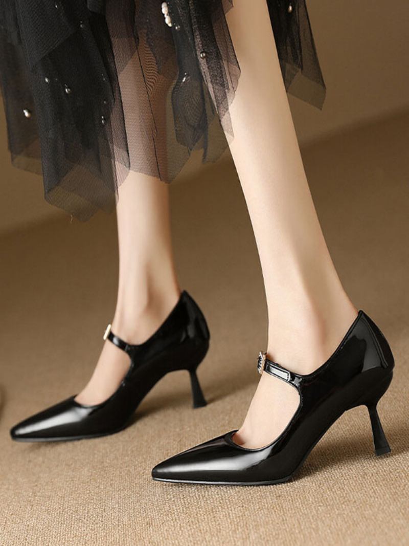 Sapatos Femininos Vintage Couro Envernizado Cor Vinho Bico Fino - Preto