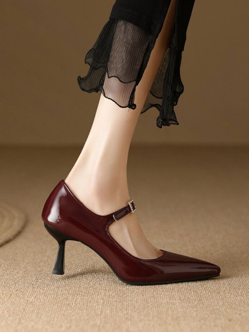 Sapatos Femininos Vintage Couro Envernizado Cor Vinho Bico Fino - Borgonha