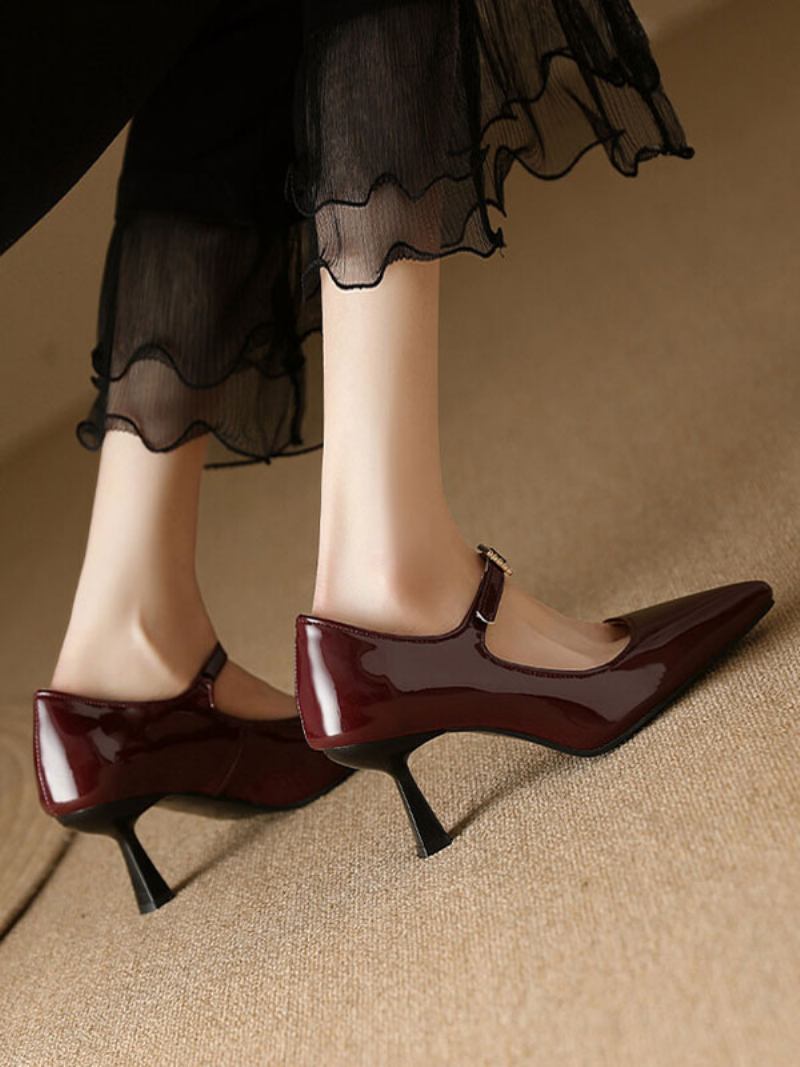 Sapatos Femininos Vintage Couro Envernizado Cor Vinho Bico Fino - Borgonha