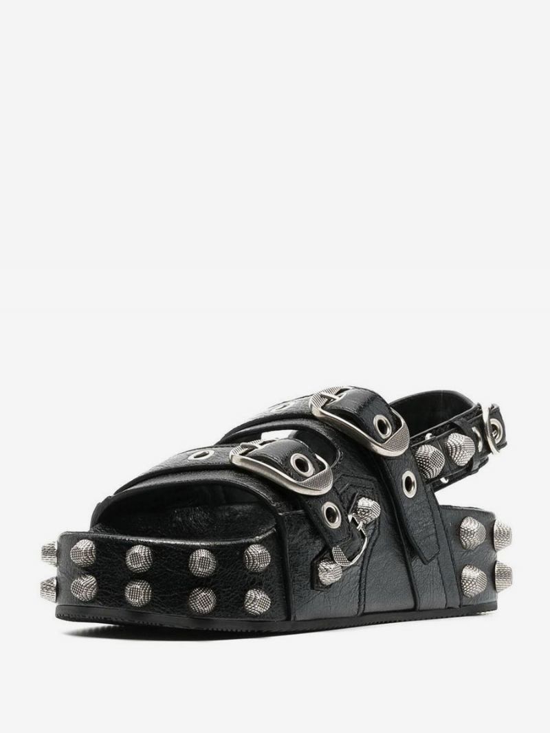 Sandálias Masculinas Verão Pretas Couro Pu Com Fivela E Rebite Punk Decoração Metal Ao Ar Livre Sapatos Casuais Plataforma
