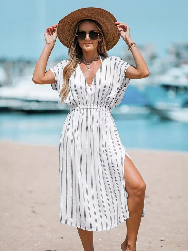 Vestido Boho Feminino Com Decote Em V Mangas Curtas Listras Fenda Alta Cordão Vestidos Verão