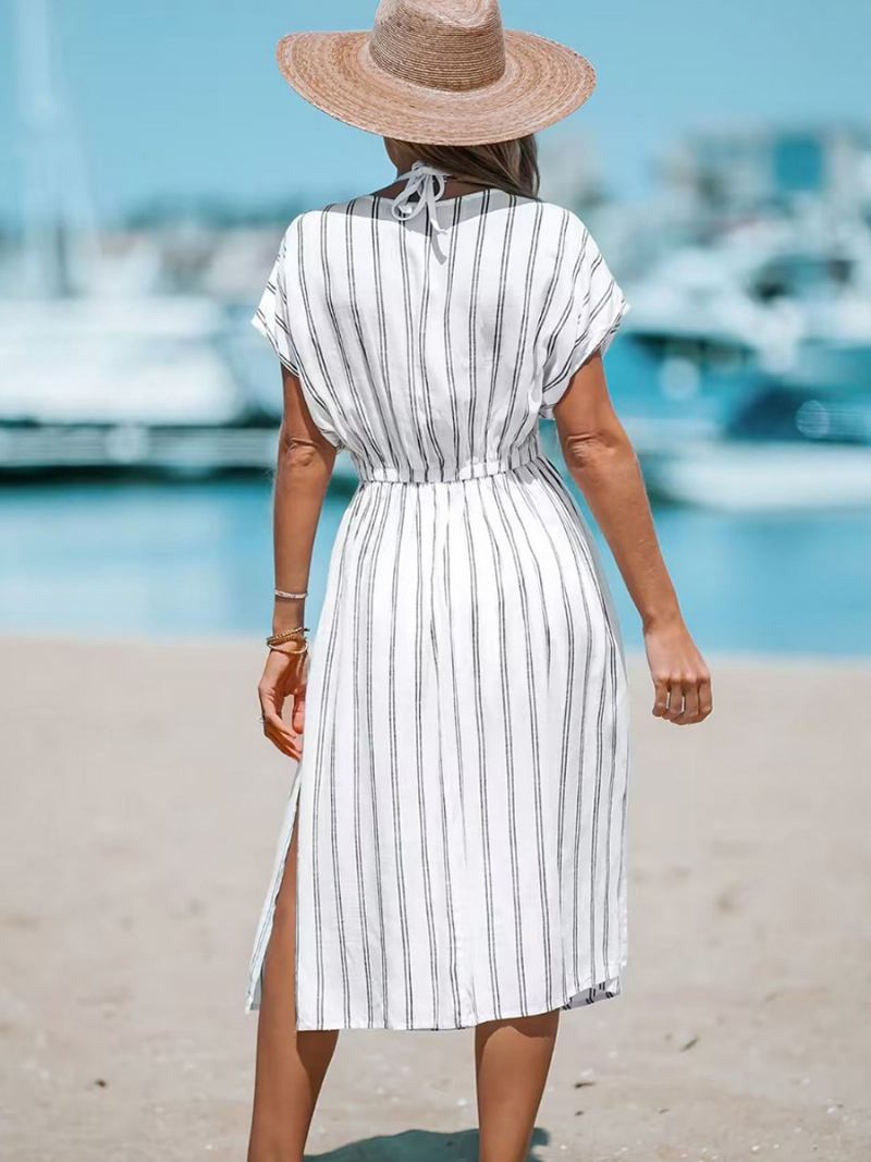 Vestido Boho Feminino Com Decote Em V Mangas Curtas Listras Fenda Alta Cordão Vestidos Verão - Branco