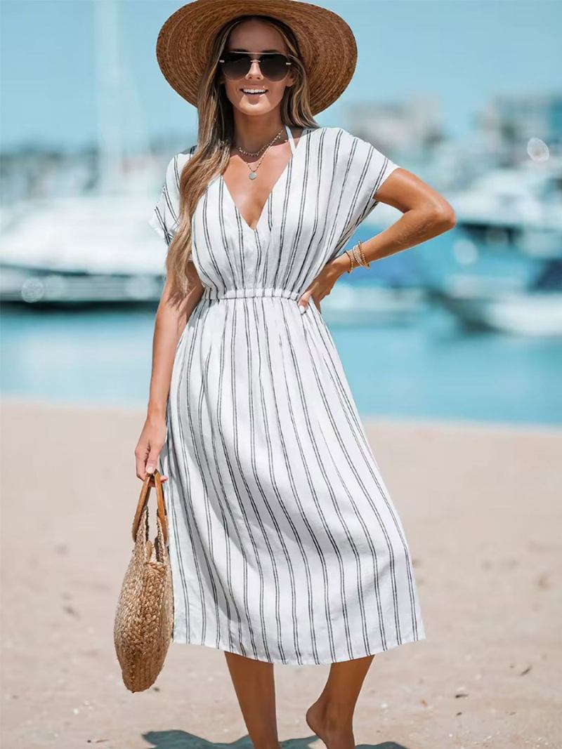 Vestido Boho Feminino Com Decote Em V Mangas Curtas Listras Fenda Alta Cordão Vestidos Verão - Branco