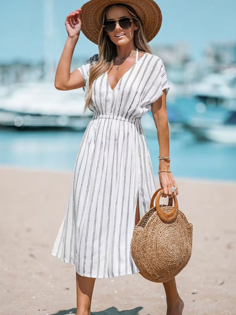 Vestido Boho Feminino Com Decote Em V Mangas Curtas Listras Fenda Alta Cordão Vestidos Verão - Branco