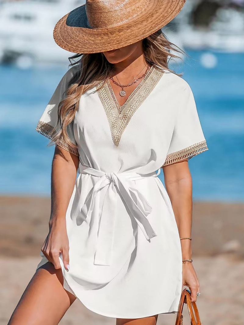 Vestido Feminino Branco Verão Com Decote Em V Oco Manga Curta Vestidos Curtos Casuais - Branco