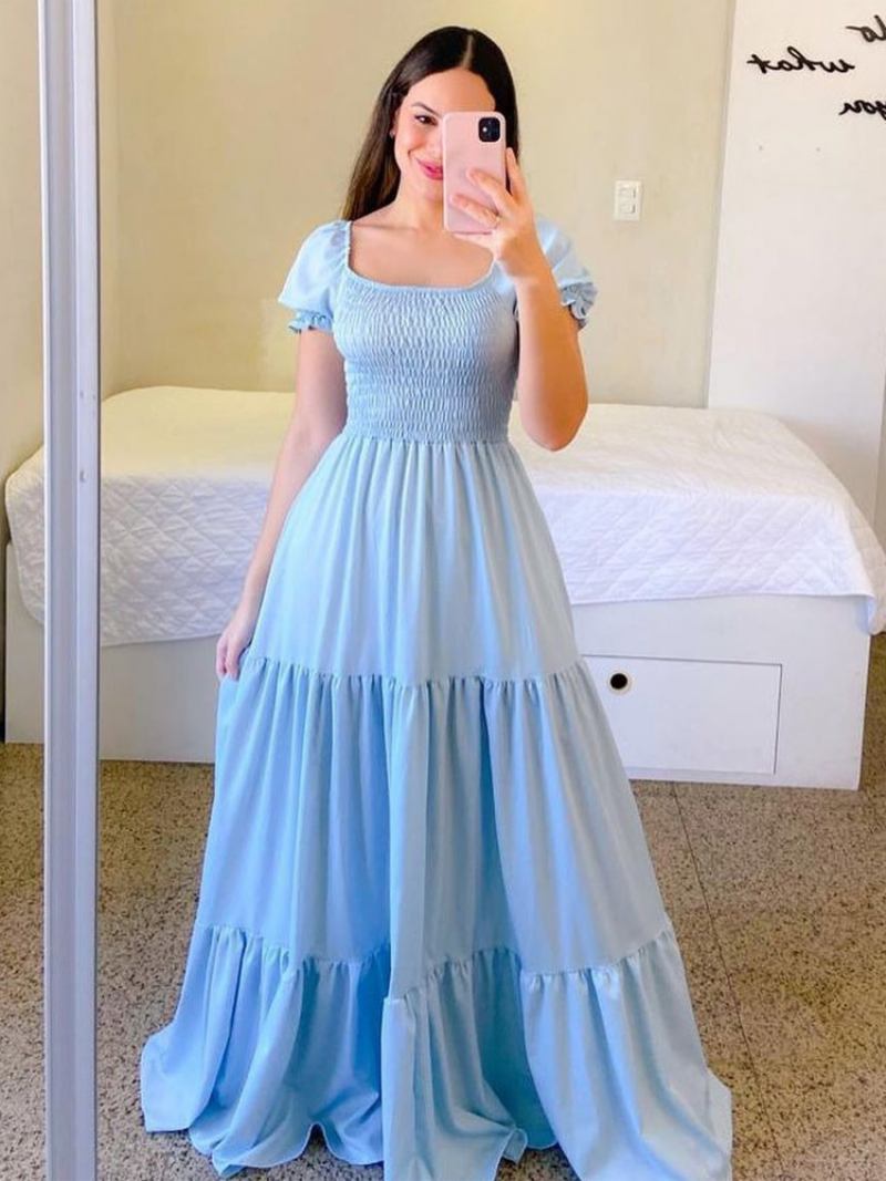 Vestido Feminino Evasê Com Mangas Curtas Babados Em Camadas Vestidos Maxi Verão - Azul Céu Claro