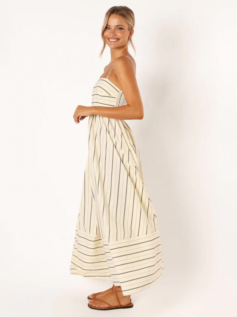Vestido Feminino Verão Com Alças No Pescoço E Listras Cortadas Sem Costas Damasco Longo Praia - Amarelo Claro