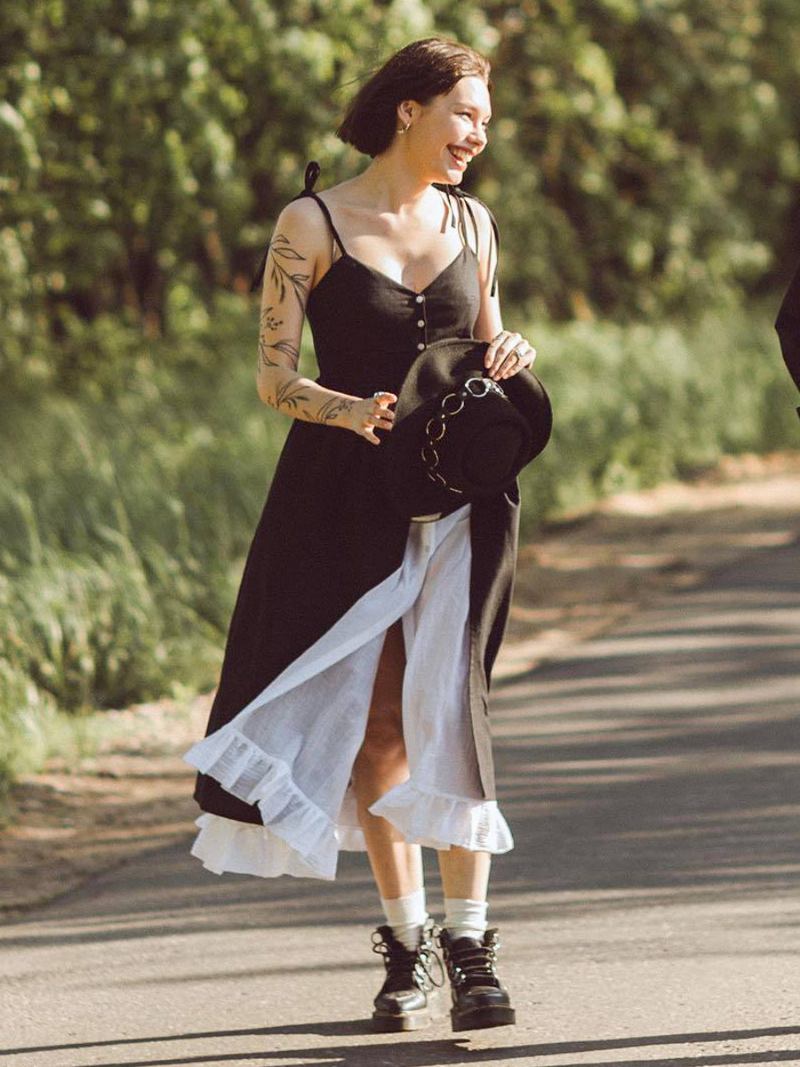 Vestido Retro Feminino Branco 1950s Audrey Hepburn Estilo Xadrez Falso Duas Peças Babados Sem Mangas Alças Pescoço Longo Balanço - Preto