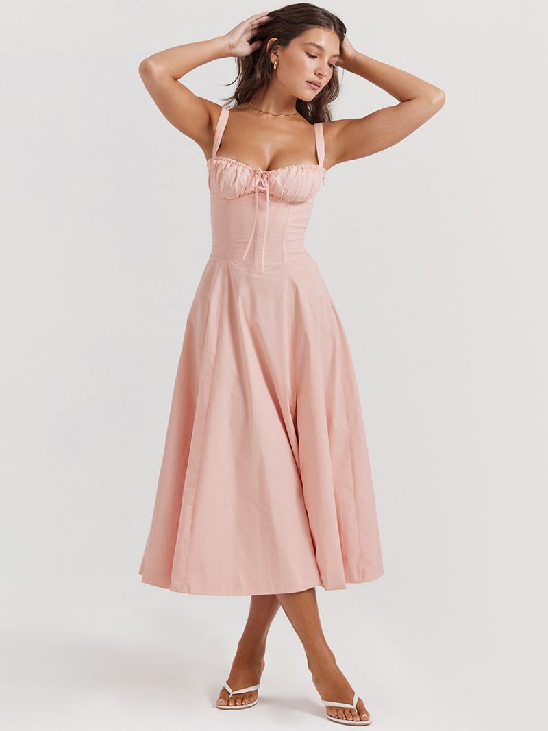 Vestido Verão Sem Mangas Com Alças No Pescoço Chique Midi Cadarço Para Mulheres
