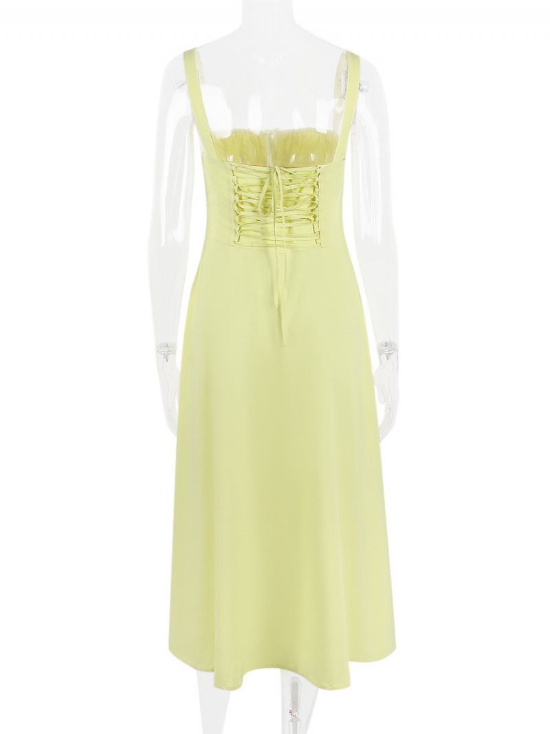 Vestido Verão Sem Mangas Com Alças No Pescoço Chique Midi Cadarço Para Mulheres - Amarelo