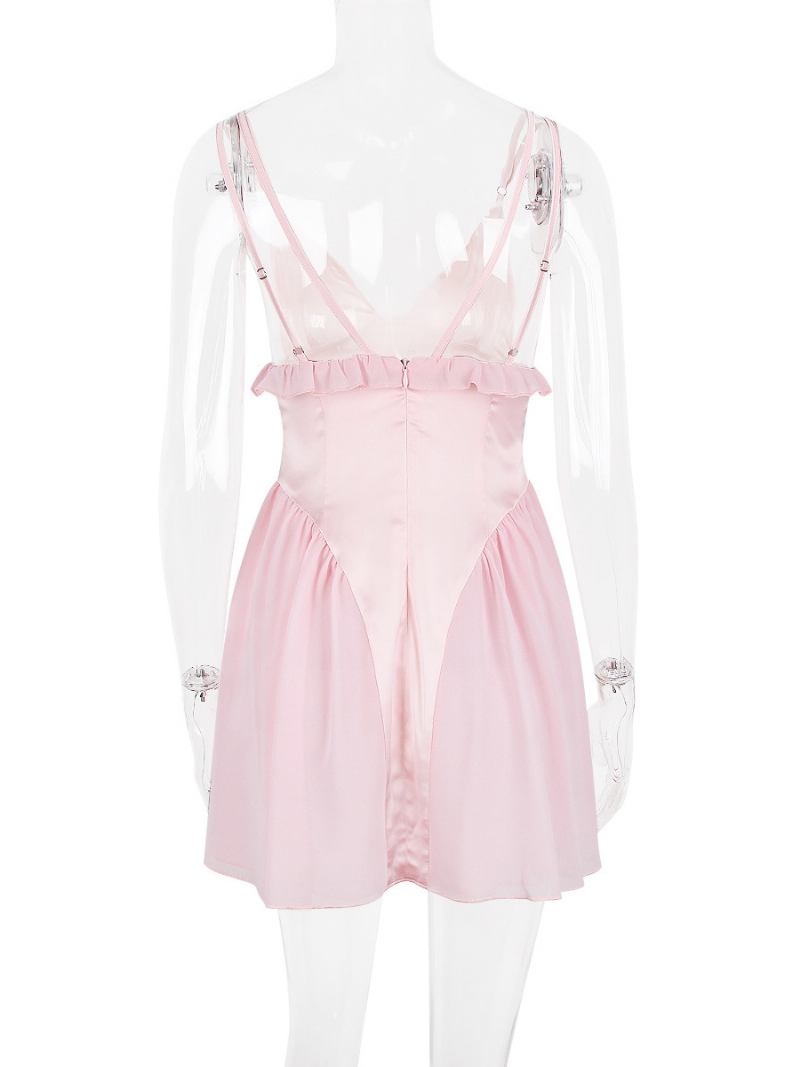 Vestidos Festa Femininos Alças Rosa Pescoço Babados Sem Mangas Vestido Semi Formal - Rosa
