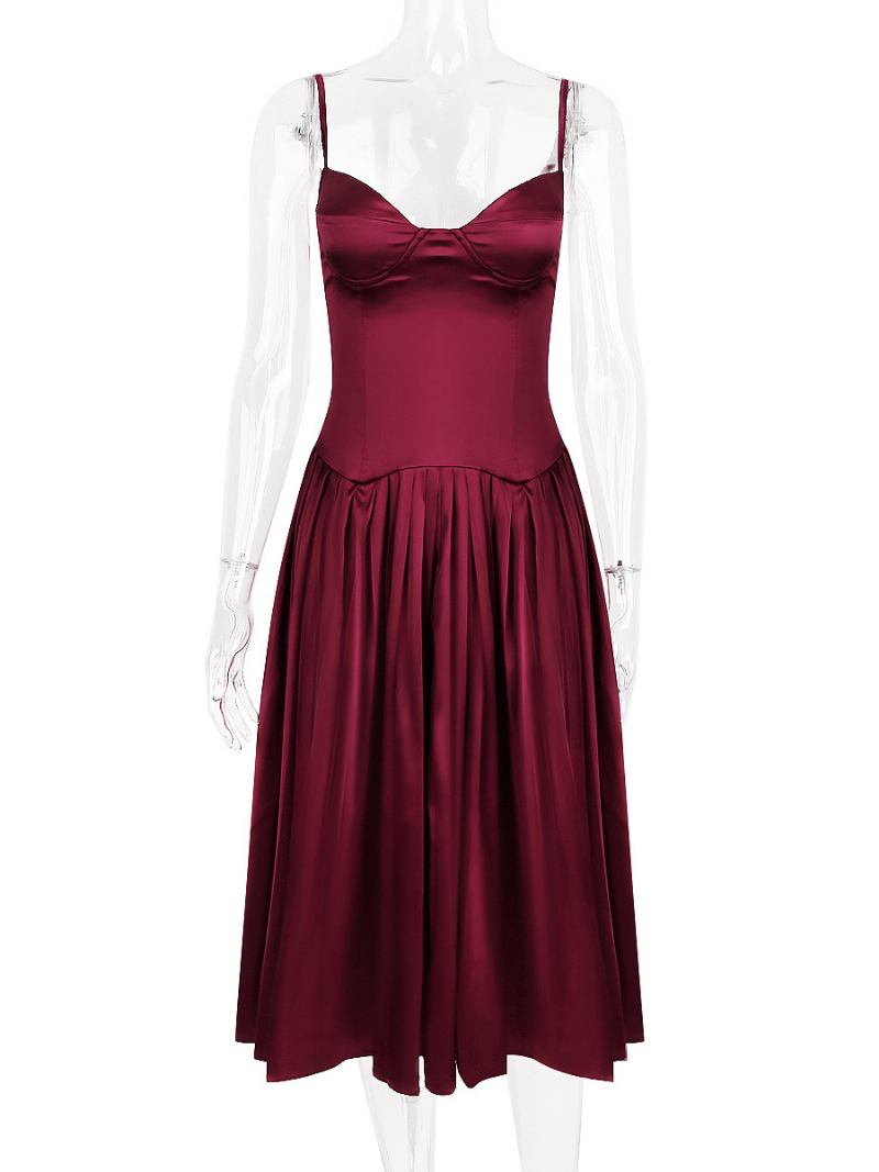 Vestidos Festa Femininos Borgonha Com Alças No Pescoço Plissado Sem Mangas Vestido Semi Formal - Borgonha