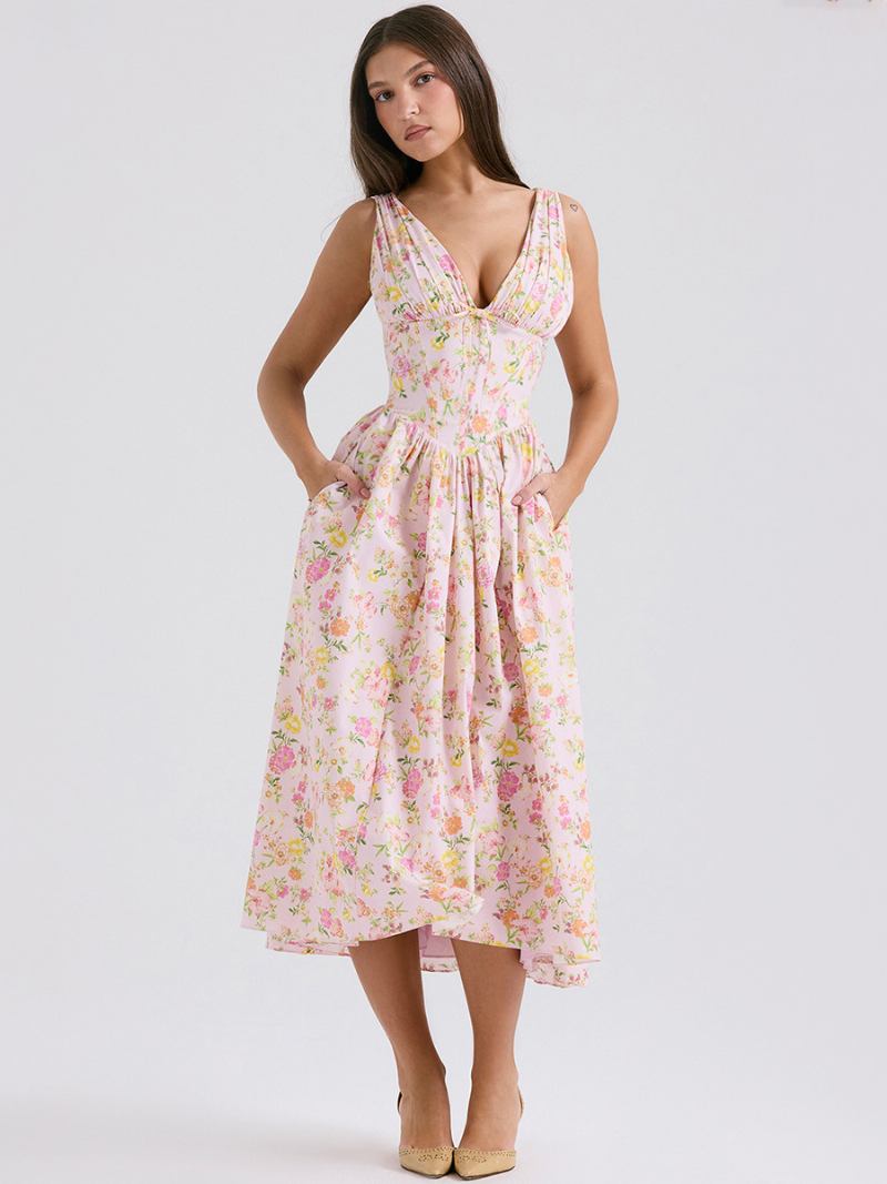Vestidos Festa Femininos Rosa Arcos Sem Mangas Estampa Floral Vestido Semi Formal Irregular - Rosa
