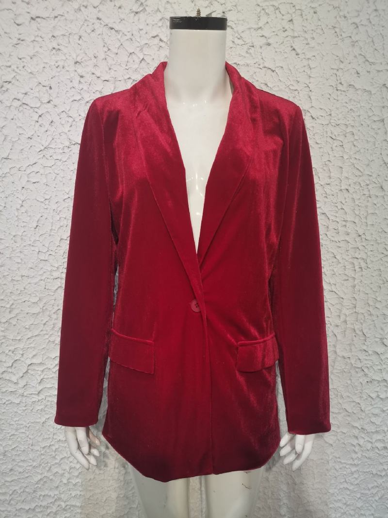 Jaqueta Blazer Longa Veludo Para Mulheres Vermelho Cor Sólida Chique Grande Primavera Outono Descontraída Roupa Rua - Vermelho