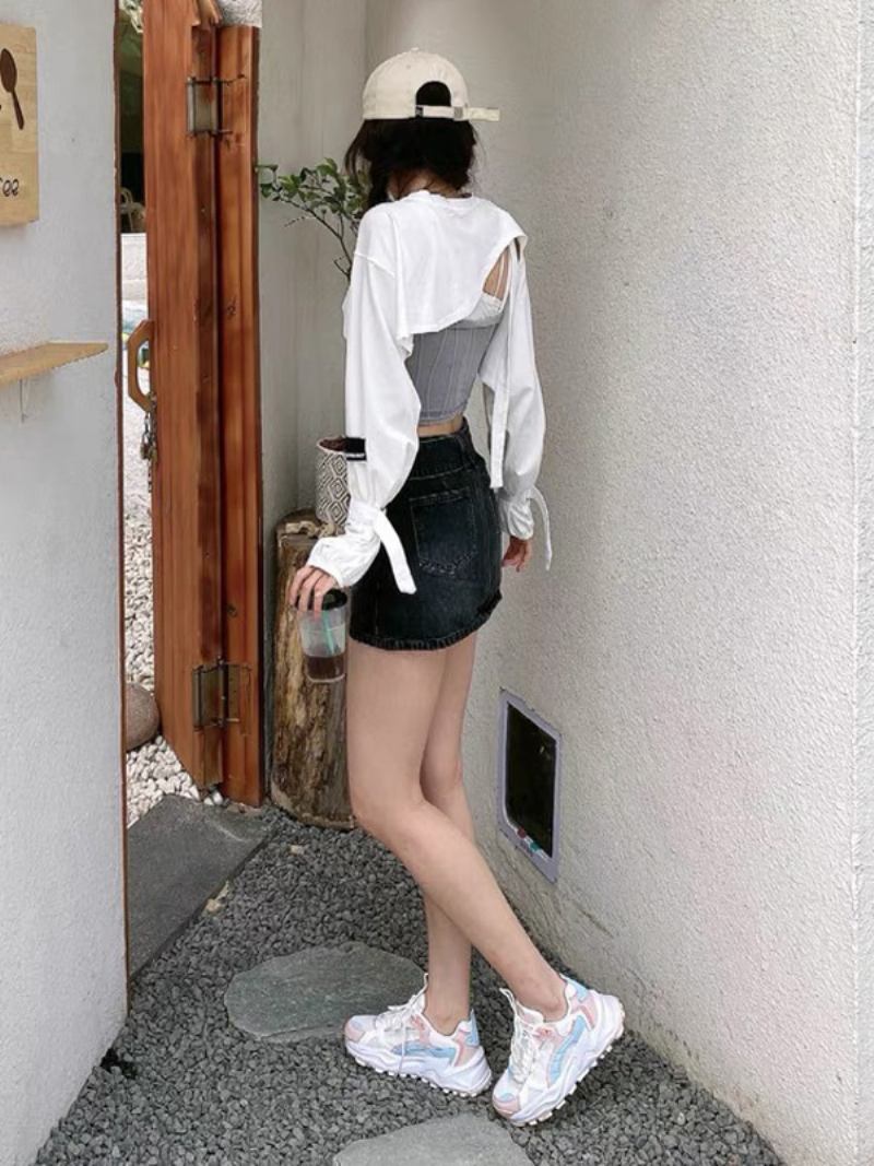 Saias Preto Cintura Levantada Poliéster Chic Verão Curto Mulheres Bottoms - Preto