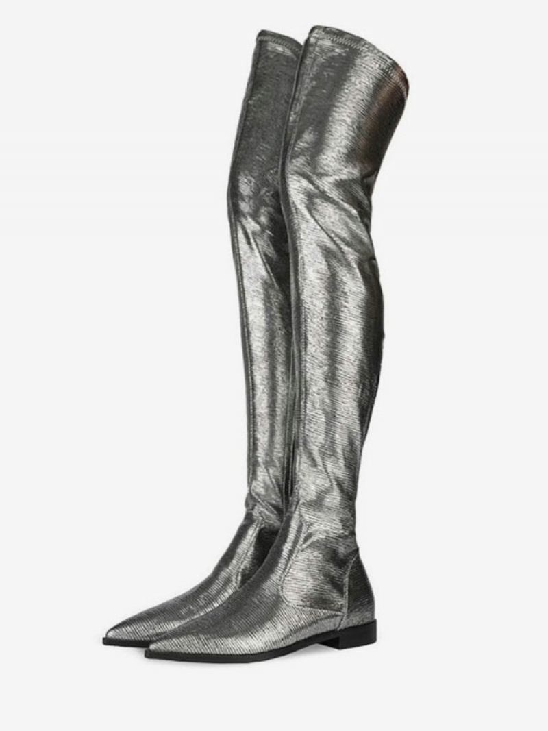 Botas Acima Do Joelho Bico Fino Prateado Couro Brilhante Inverno Para Mulheres
