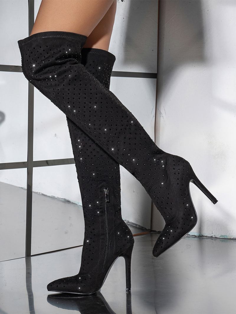 Botas Acima Do Joelho Femininas Pretas Até A Coxa Camurça Couro Strass Salto Agulha