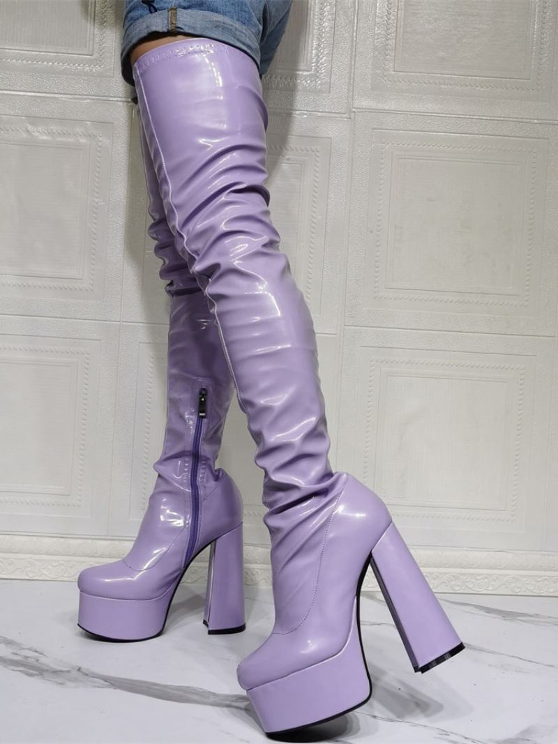 Botas Altas Femininas Roxas Com Plataforma Sexy Salto Bloco Sobre O Joelho - Lavanda