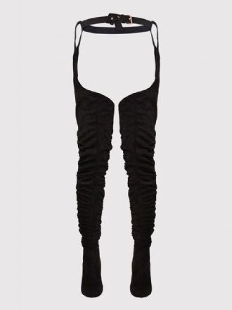 Botas Cano Alto Femininas Micro Camurça Preta Com Fivela Bico Redondo E Salto Grosso