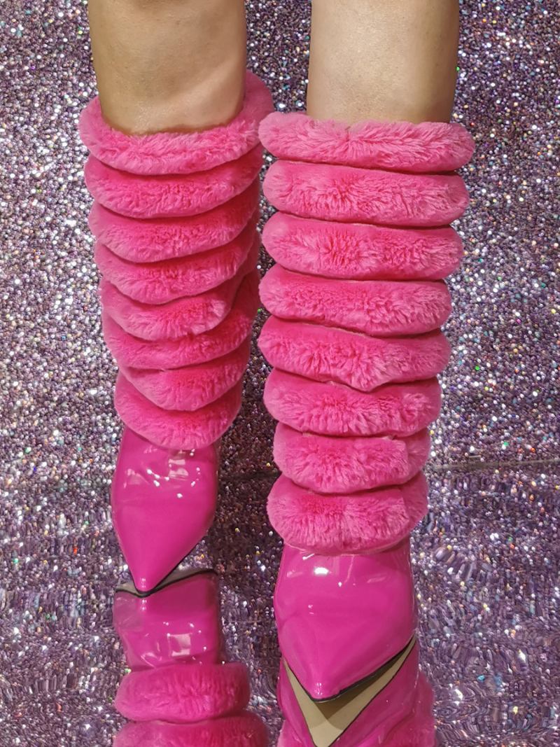 Botas Cano Médio Salto Agulha Com Bico Fino Em Pu Patenteado Para Mulheres - Rosa