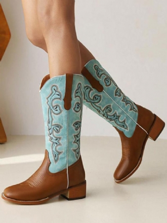 Botas Cowboy Couro Pu Com Bico Redondo E Salto Médio Para Mulheres