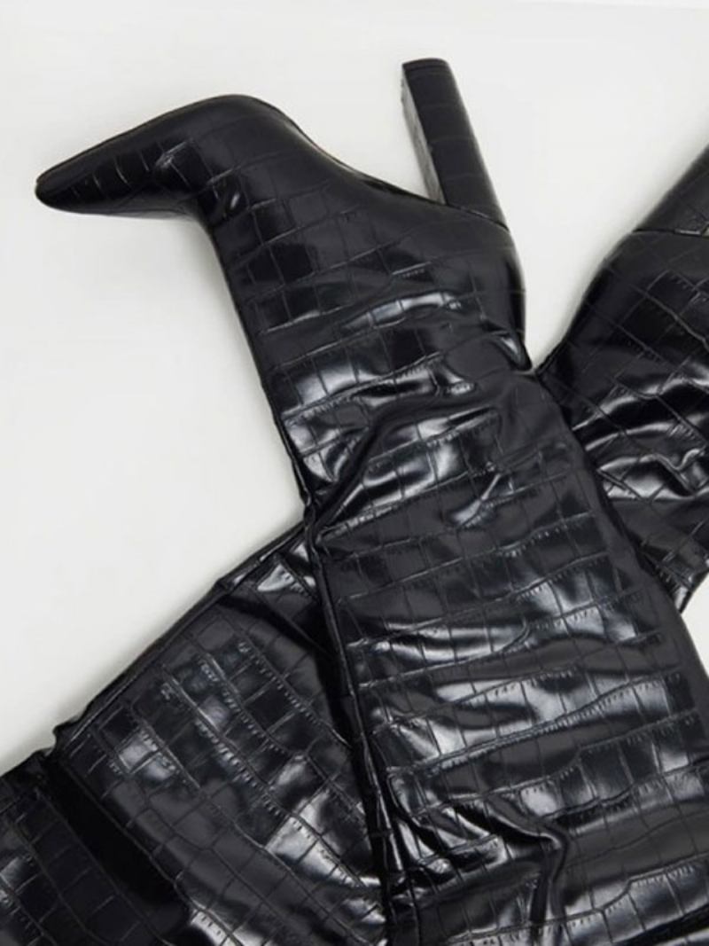Botas Femininas Acima Do Joelho Couro Branco Bico Fino Salto Grosso - Preto