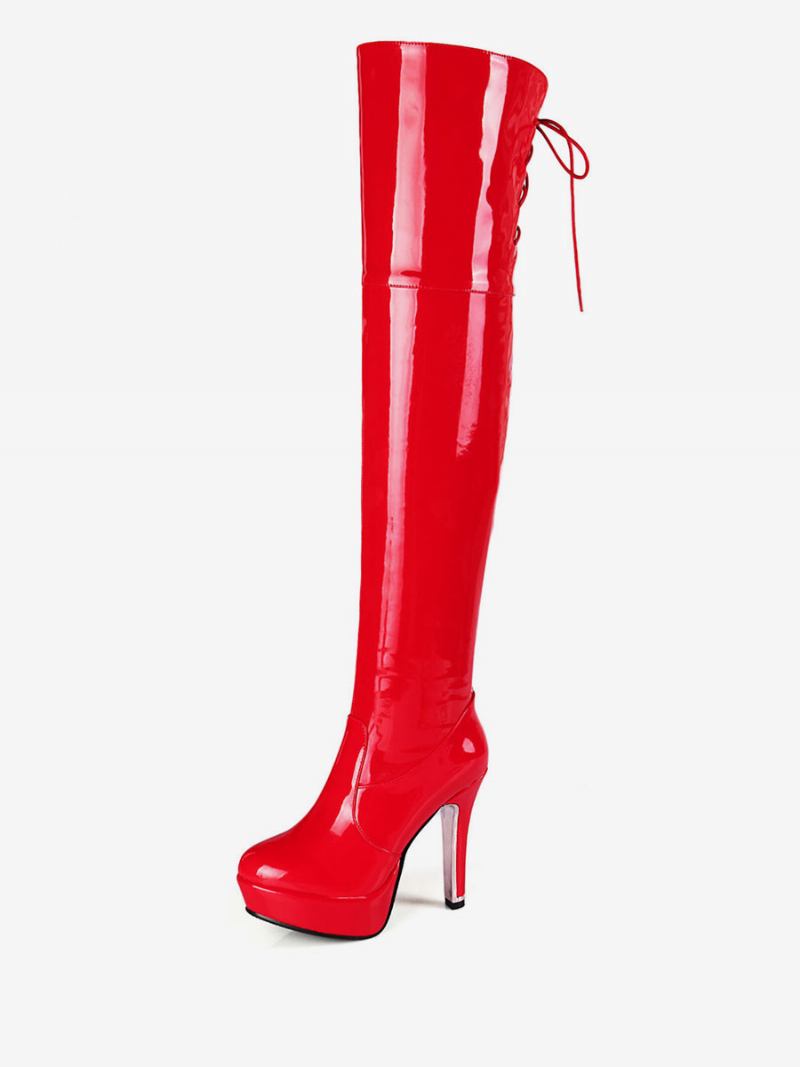 Botas Femininas Acima Do Joelho Couro Envernizado Brilhante Com Cadarço Bico Redondo Salto Agulha - Vermelho