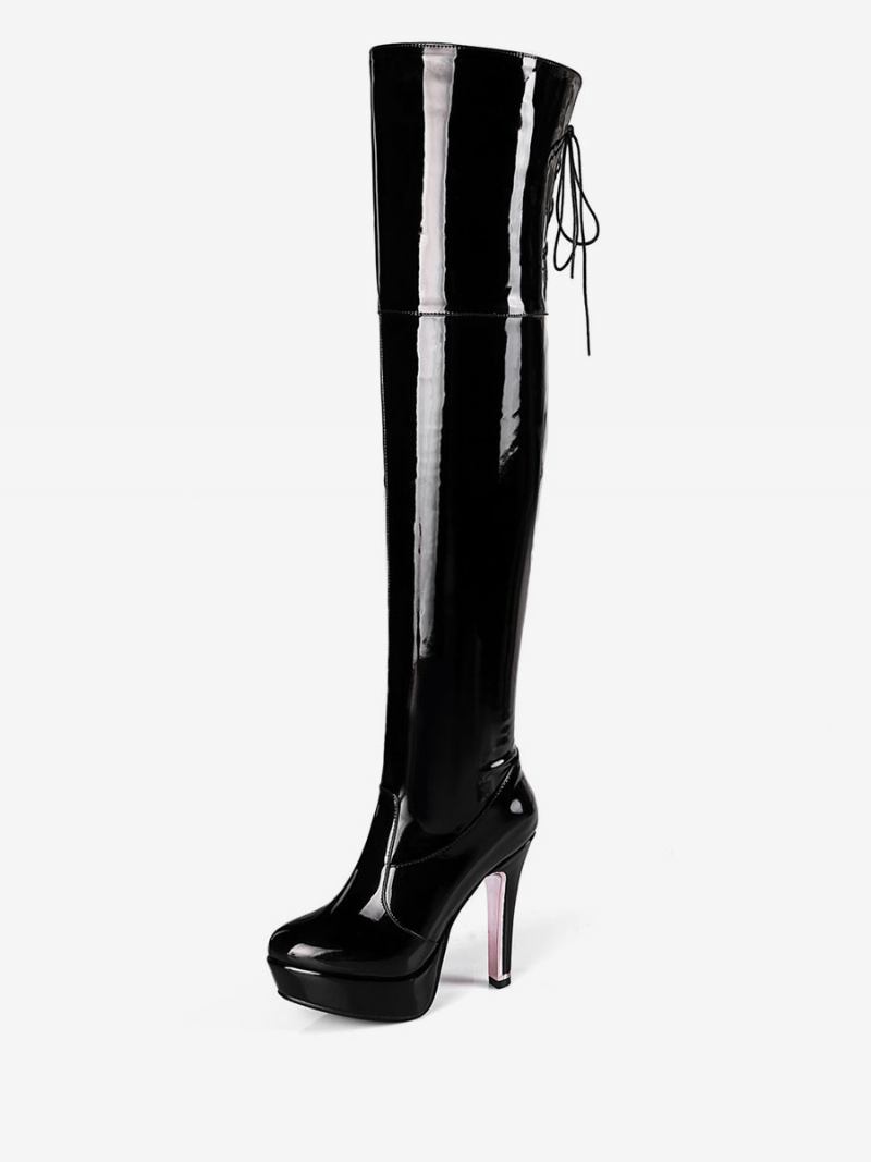 Botas Femininas Acima Do Joelho Couro Envernizado Brilhante Com Cadarço Bico Redondo Salto Agulha - Preto