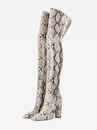 Botas Femininas Acima Do Joelho Couro Rosa Bico Fino Com Estampa Cobra Salto Grosso E Coxa Alta