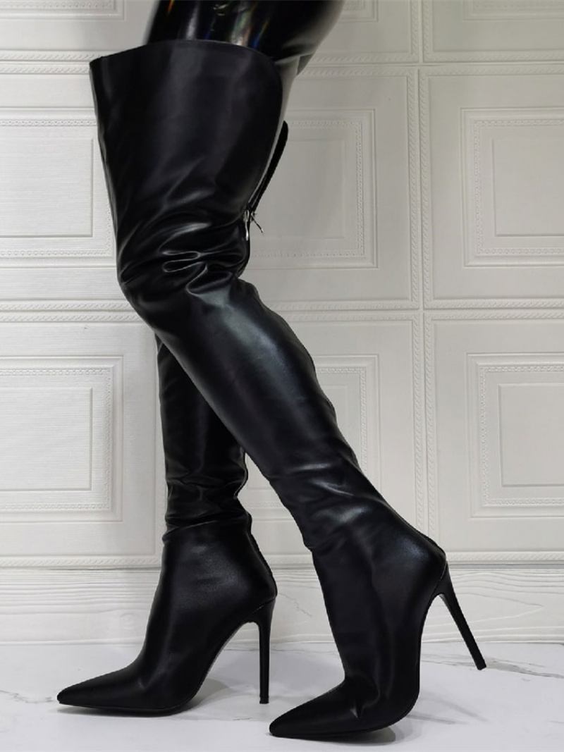 Botas Femininas Acima Do Joelho Plus Size Salto Agulha Couro Pu Altas Na Coxa Preta - Preto