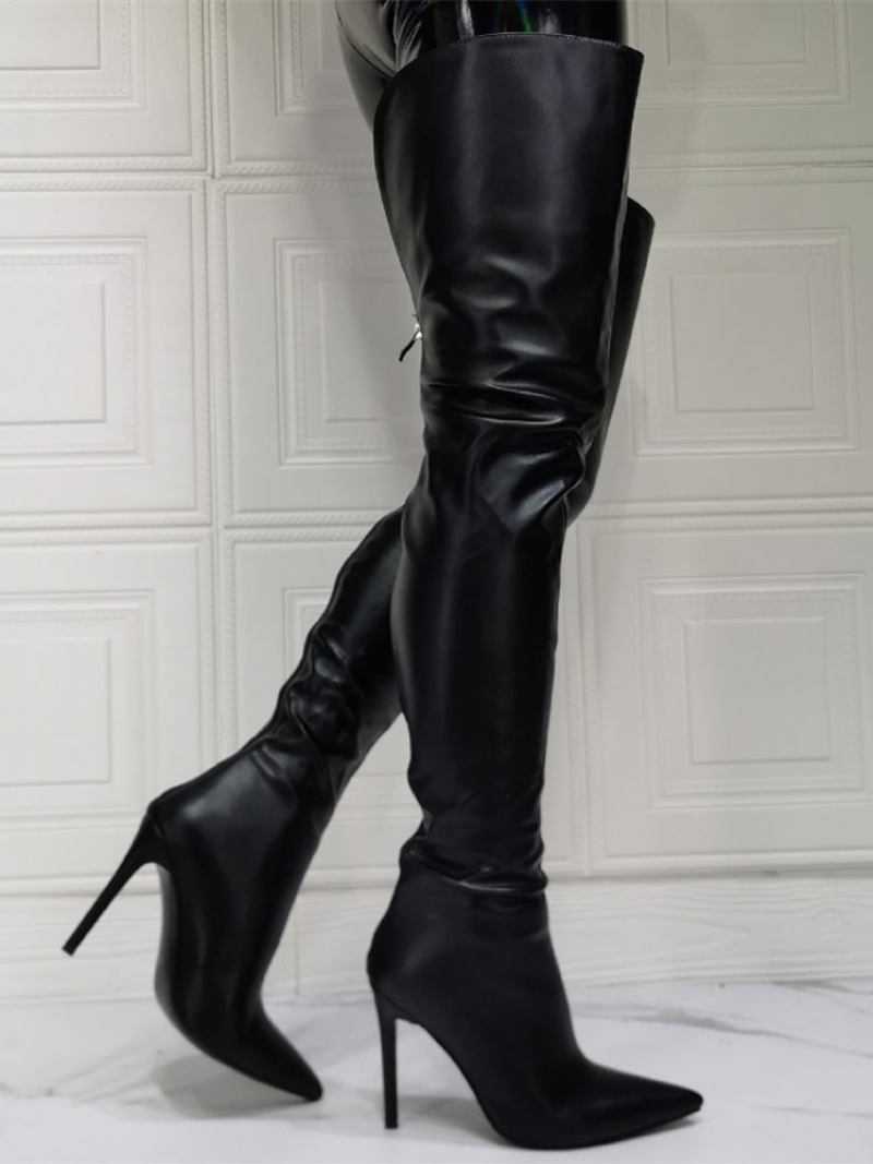 Botas Femininas Acima Do Joelho Plus Size Salto Agulha Couro Pu Altas Na Coxa Preta - Preto