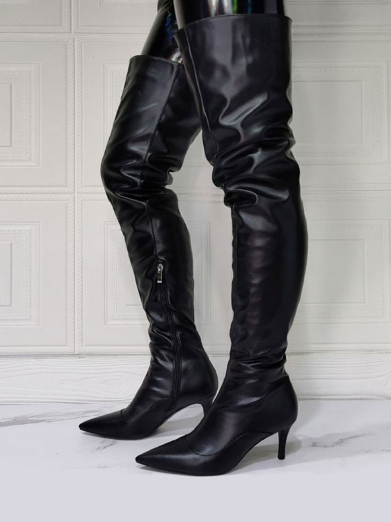 Botas Femininas Acima Do Joelho Plus Size Salto Agulha Couro Pu Altas Na Coxa Preta