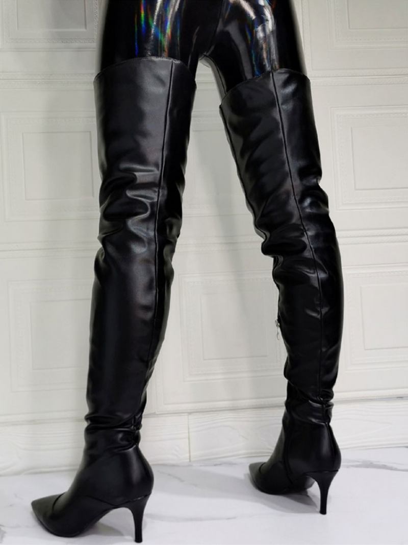 Botas Femininas Acima Do Joelho Plus Size Salto Agulha Couro Pu Altas Na Coxa Preta - Preto