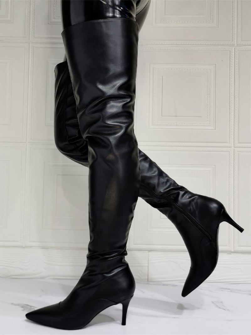 Botas Femininas Acima Do Joelho Plus Size Salto Agulha Couro Pu Altas Na Coxa Preta - Preto