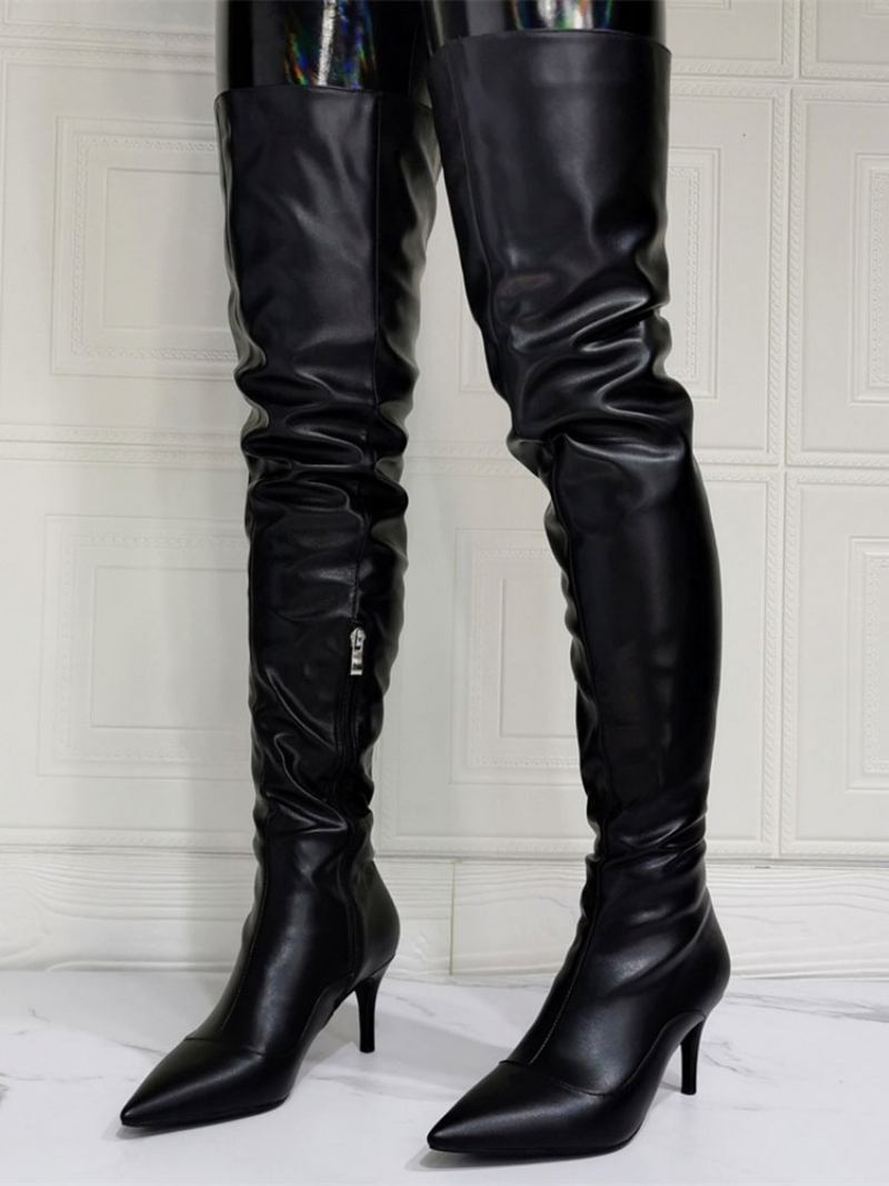 Botas Femininas Acima Do Joelho Plus Size Salto Agulha Couro Pu Altas Na Coxa Preta - Preto