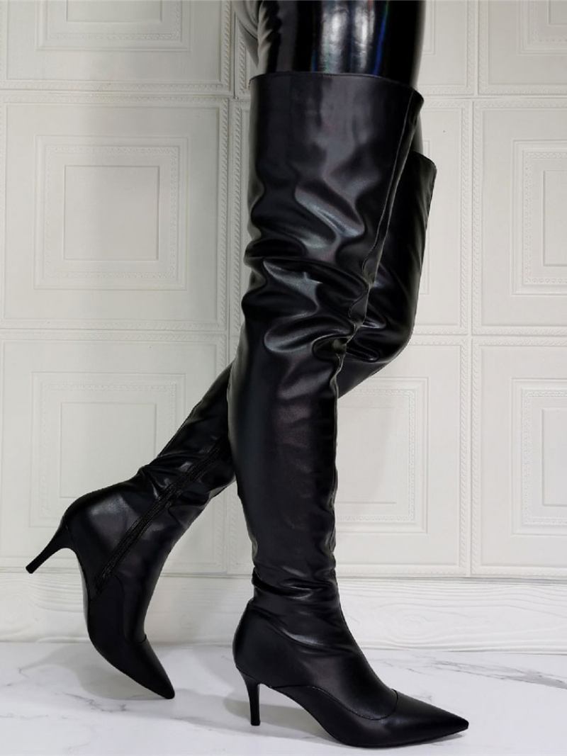 Botas Femininas Acima Do Joelho Plus Size Salto Agulha Couro Pu Altas Na Coxa Preta - Preto