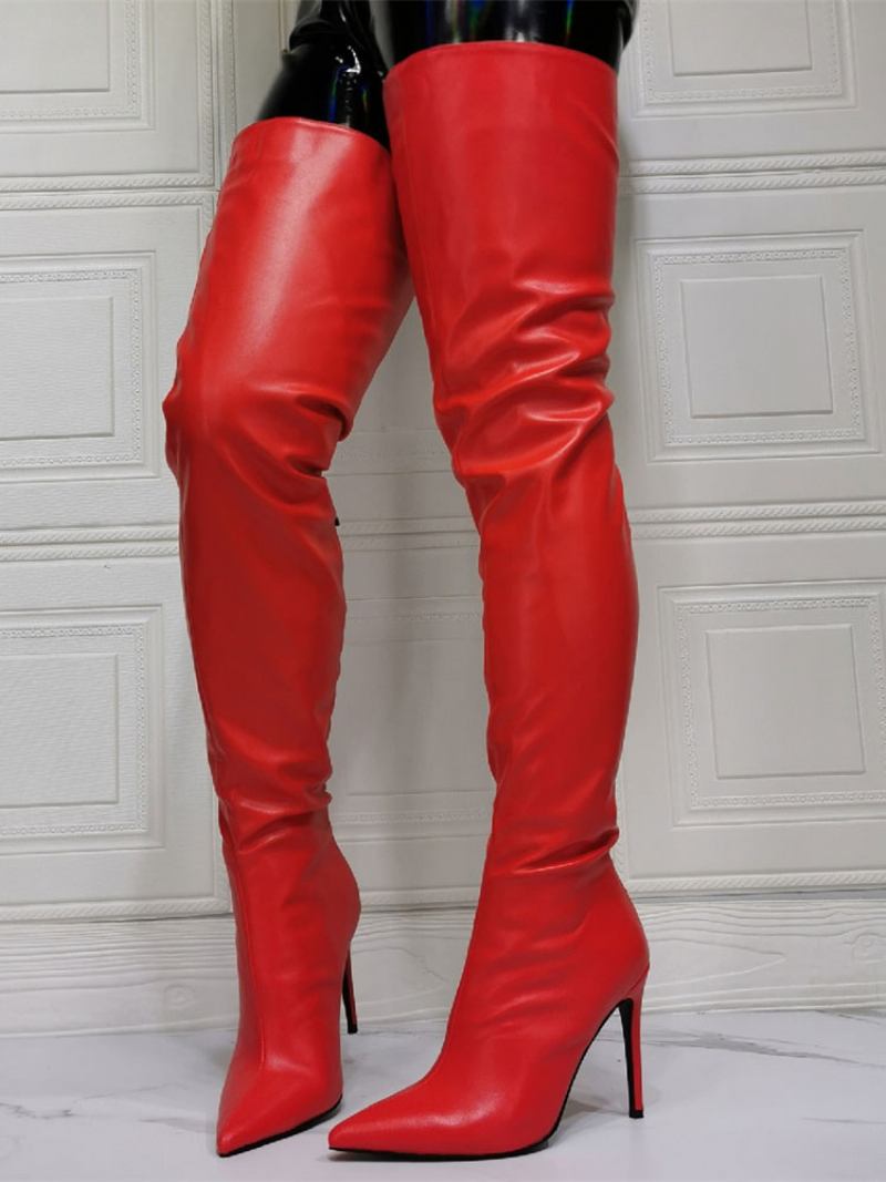 Botas Femininas Acima Do Joelho Plus Size Salto Agulha Couro Pu Altas Na Coxa Vermelha - Vermelho