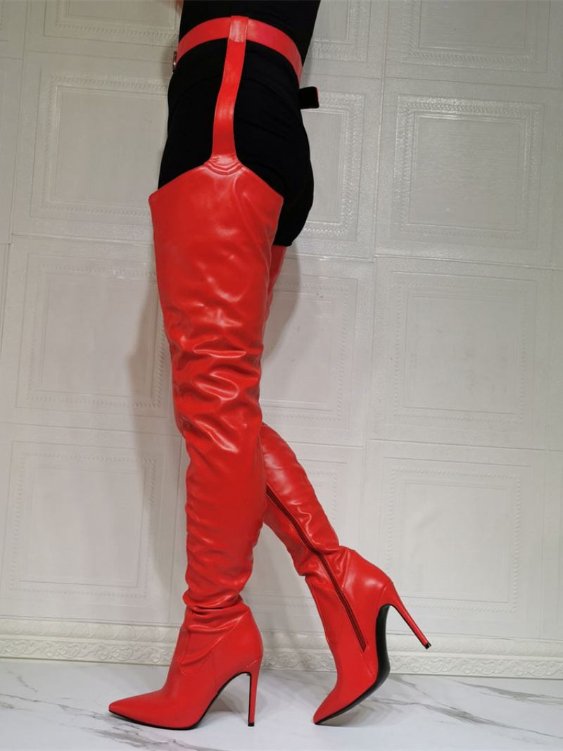Botas Femininas Acima Do Joelho Plus Size Salto Agulha Couro Pu Bota Alta Coxa Vermelha - Vermelho
